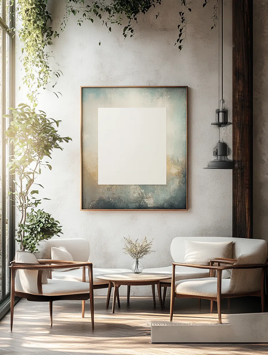 Comfortable living room with plants, artistic frame, and modern armchairs