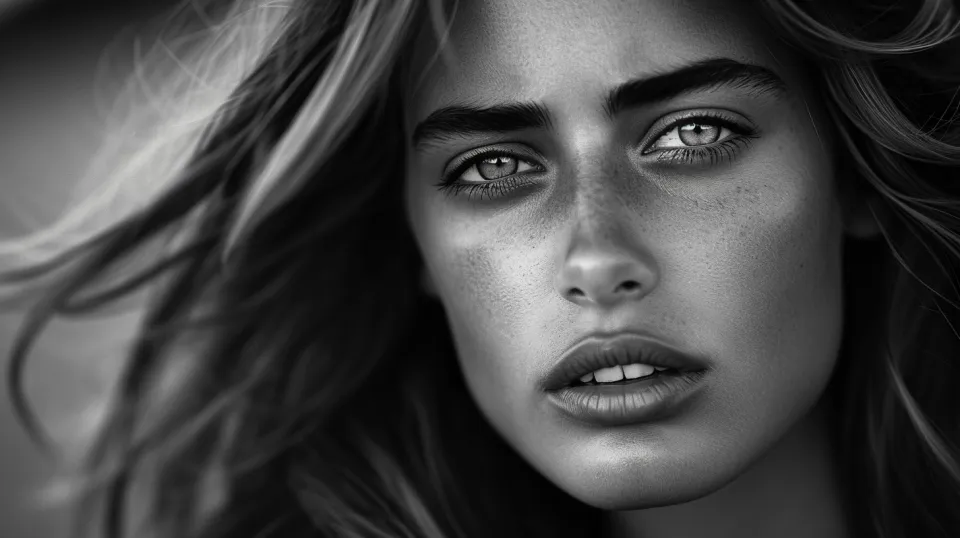 Retrato femenino con énfasis en los ojos y la textura de la piel en una imagen en blanco y negro