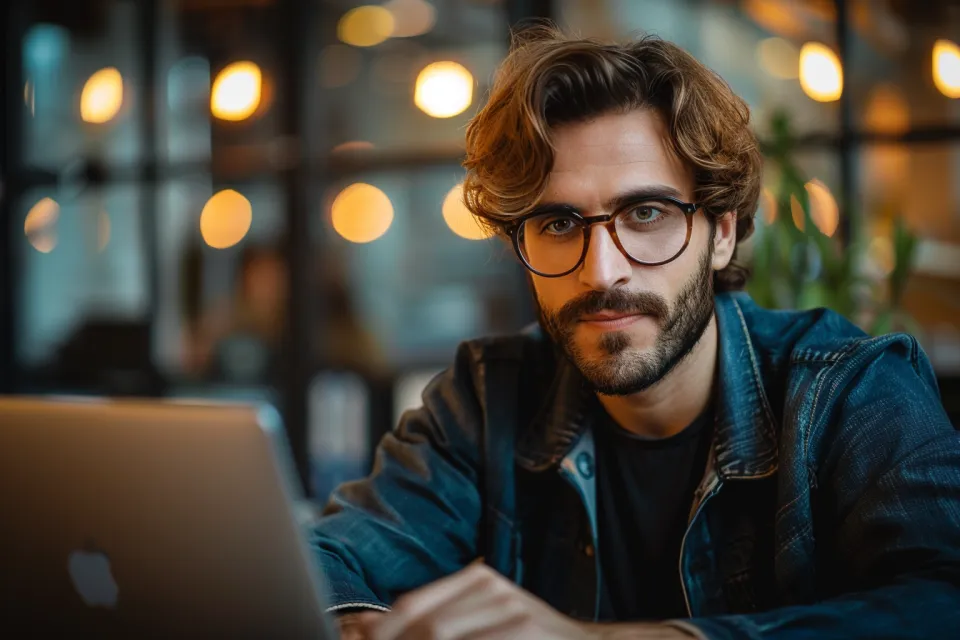 Hombre con cabello largo y gafas, trabajando en una laptop en una acogedora cafetería