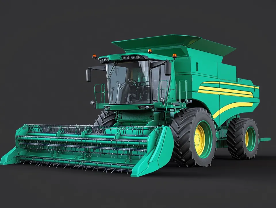 Green combine harvester with yellow elements on a neutral background