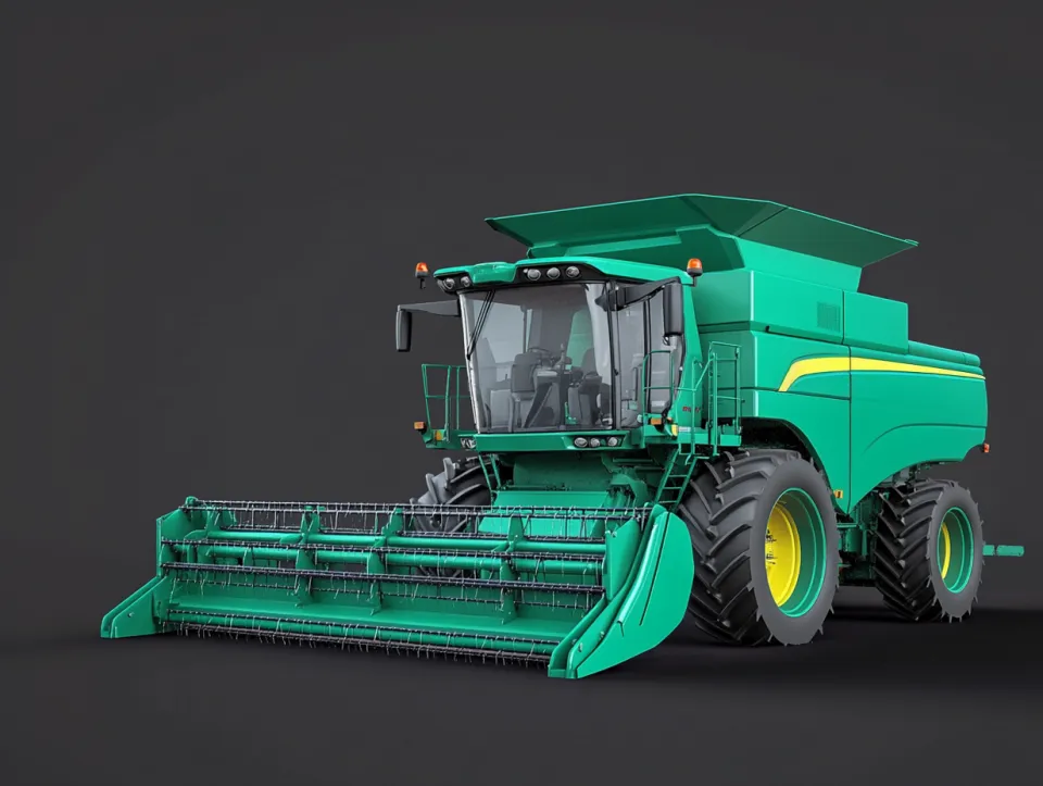 Cosechadora de color verde sobre un fondo negro, destinada a la agricultura