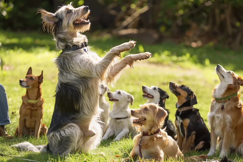 Grupo de perros mostrando actividad en un entrenamiento al aire libre