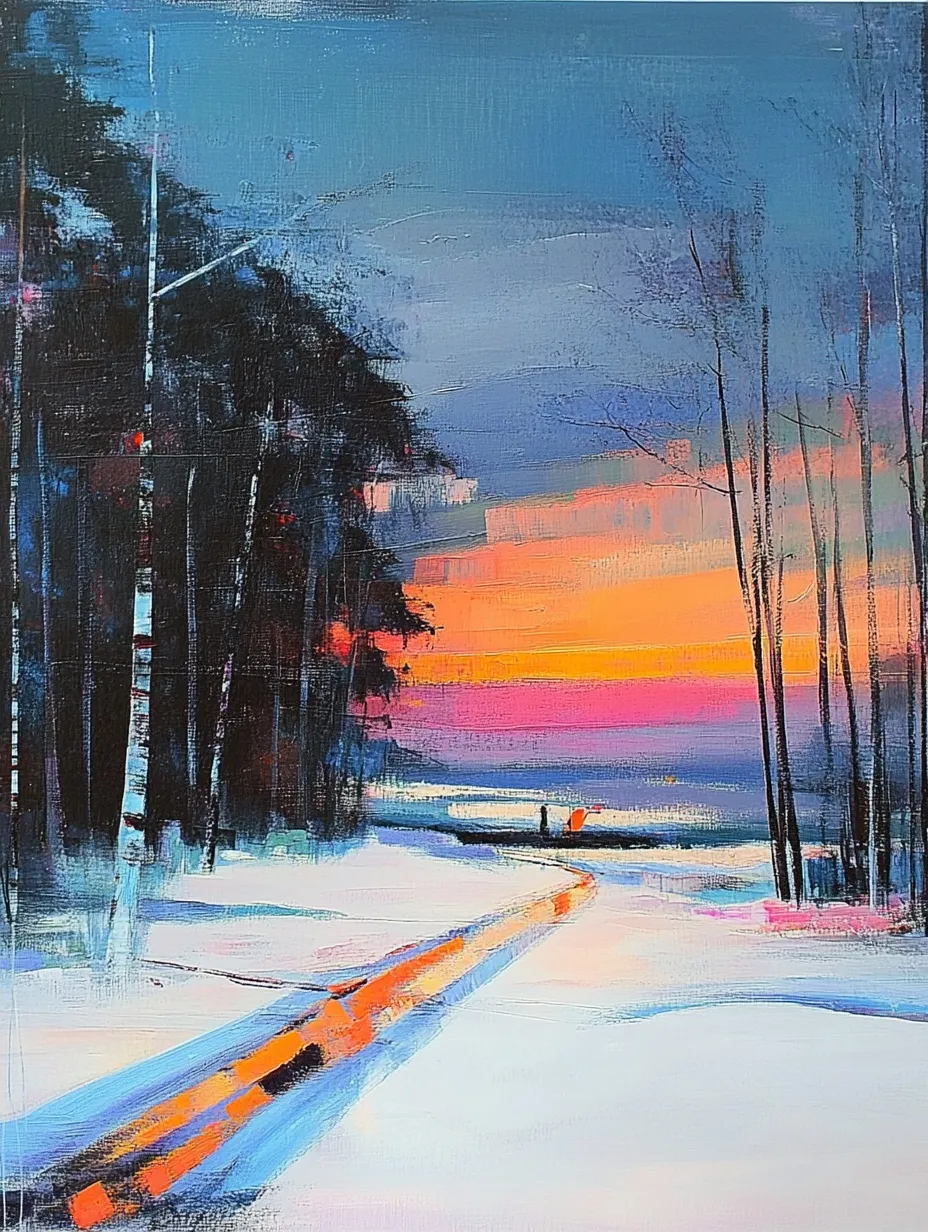 Snowy landscape with sunset and trees in a winter scene