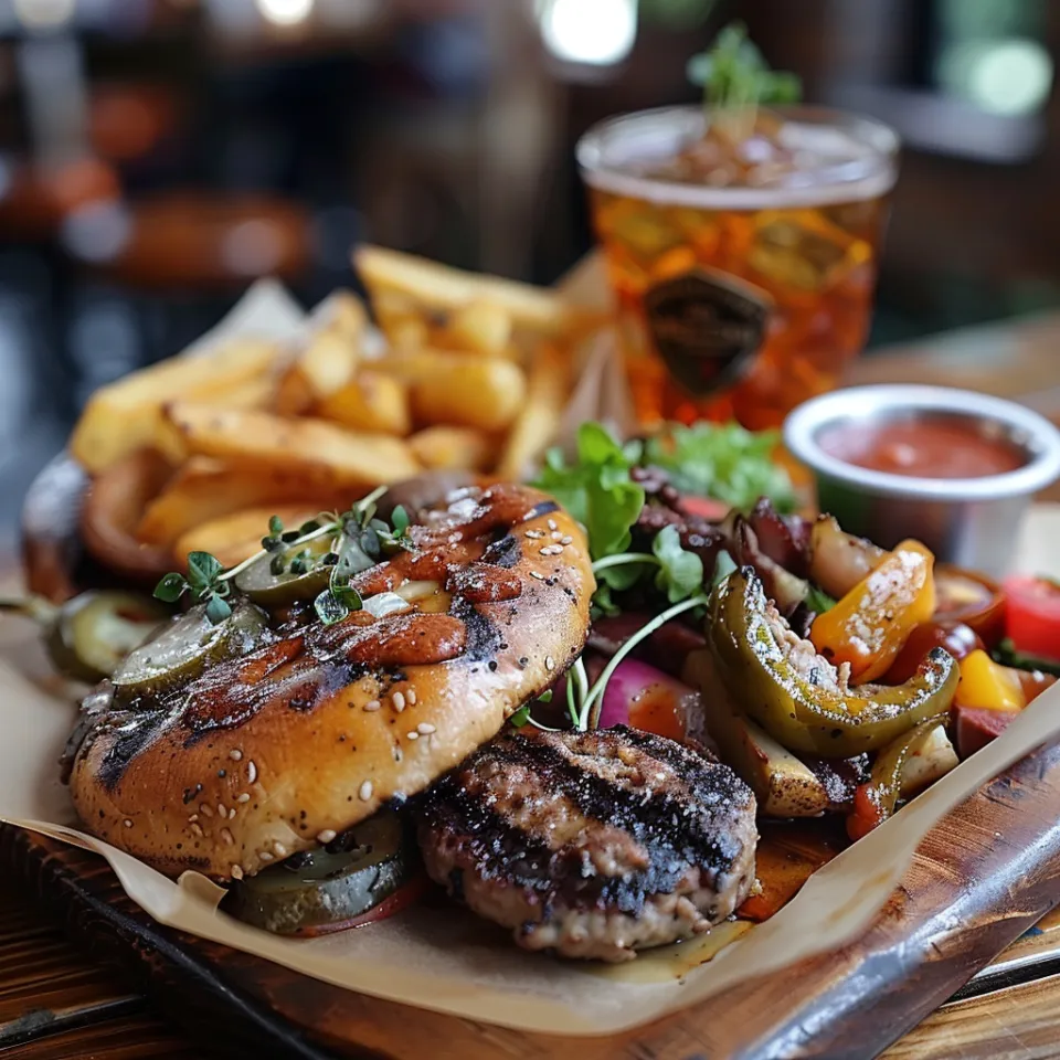Fotografía panorámica de un abundante almuerzo que incluye hamburguesa, papas fritas y bebida