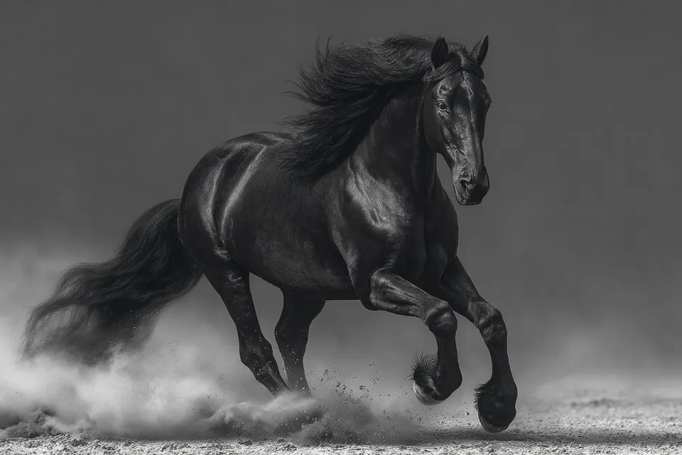Imagen dinámica de un caballo negro saltando con arena levantándose