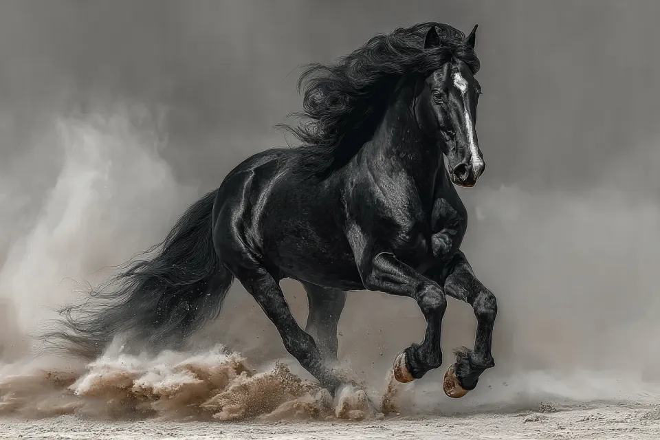 Caballo negro con melena larga en movimiento sobre un fondo de superficie polvorienta