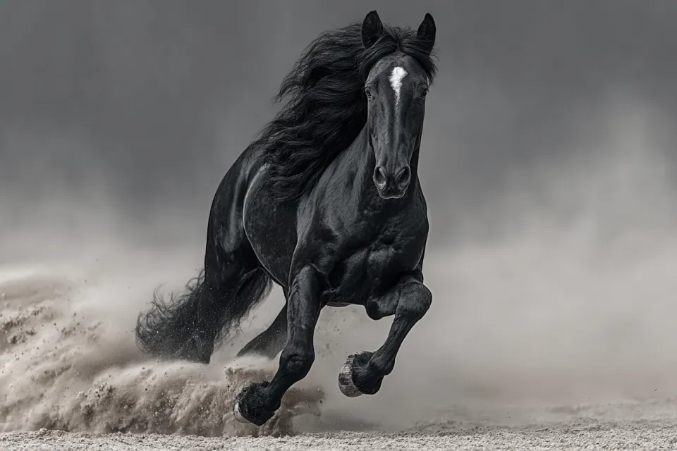 Poderoso caballo negro corriendo rápidamente por un paisaje arenoso