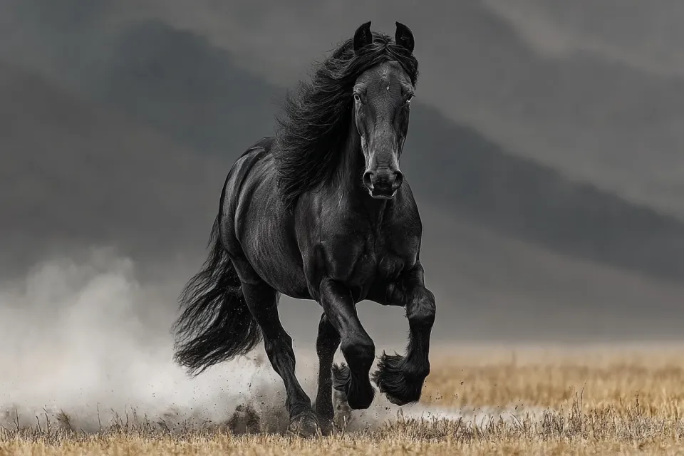 Poderoso caballo negro corriendo por el campo con humo alrededor