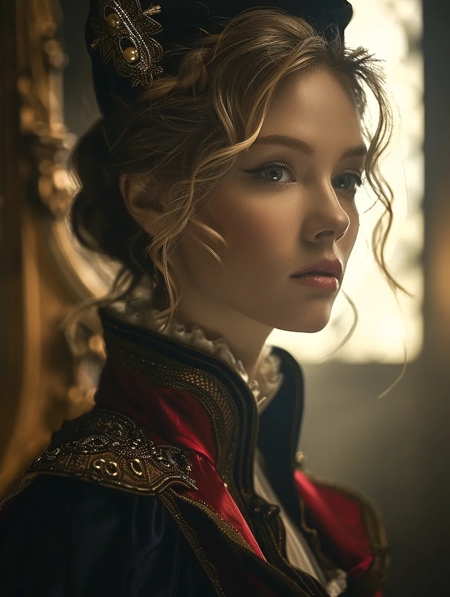 A woman in a classic outfit with exquisite décor and light-colored hair
