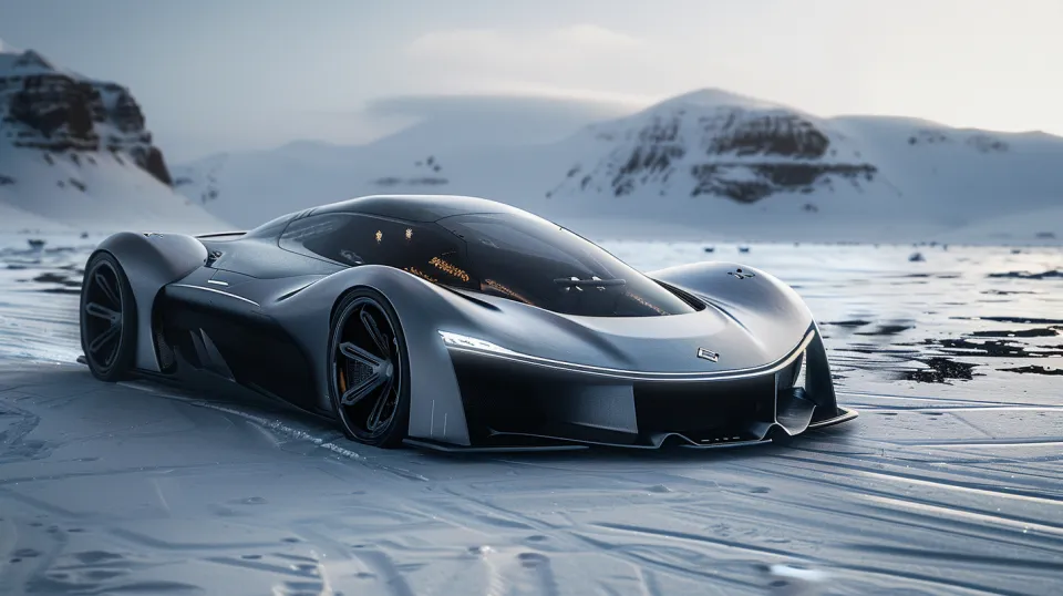 Supercoche moderno frente a un paisaje invernal con montañas