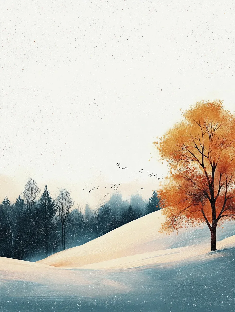 Landscape with snowy hills and bright trees against the backdrop of a forest