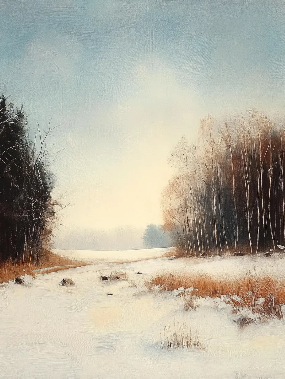 Calm winter landscape with forest, field, and sky