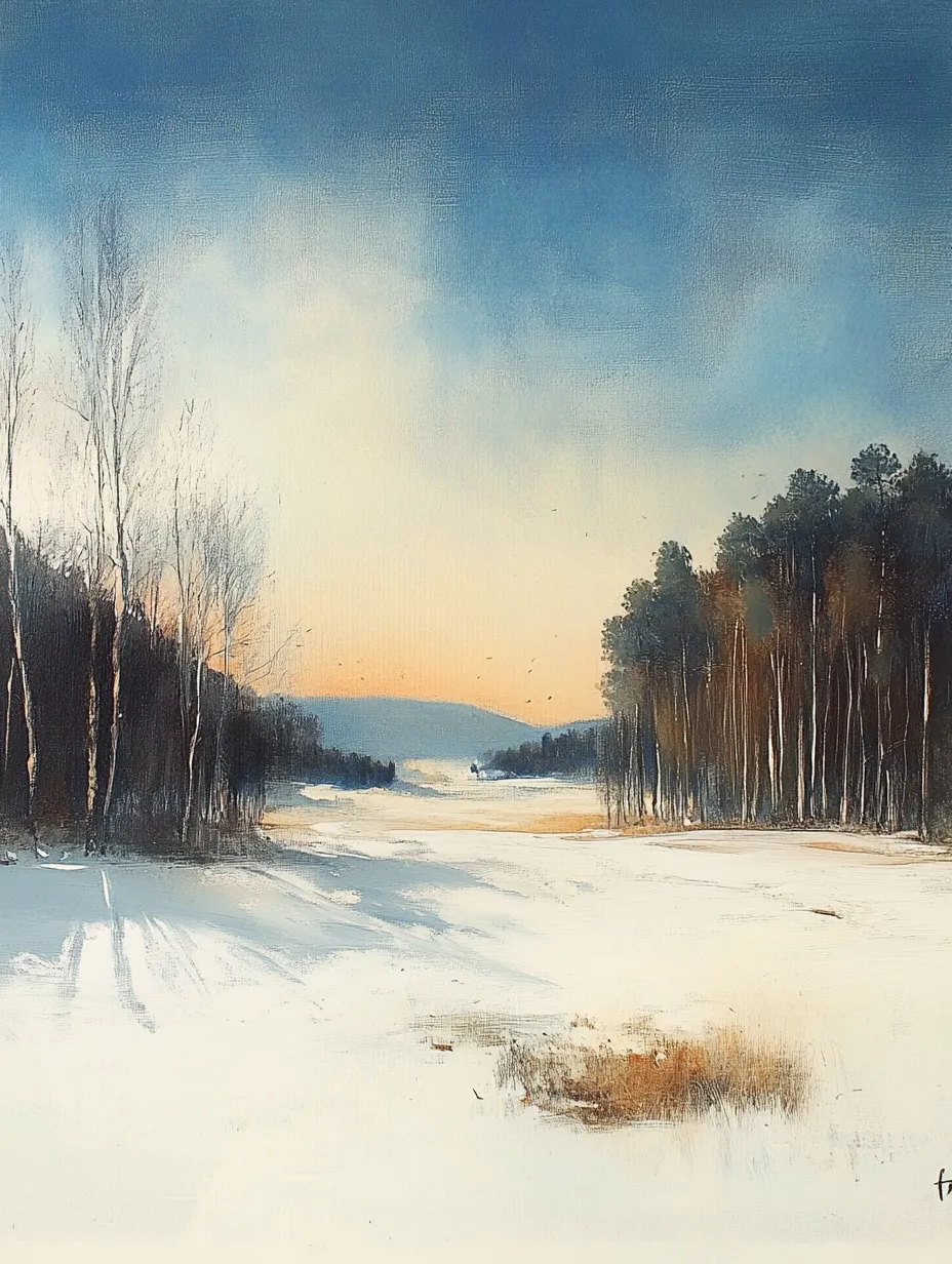 Vista del paisaje invernal con un río cubierto de nieve y un bosque a lo lejos