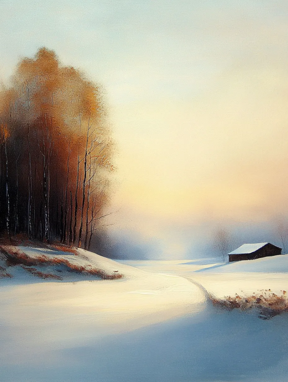 Winter landscape with a cottage and snow-covered trees in soft light