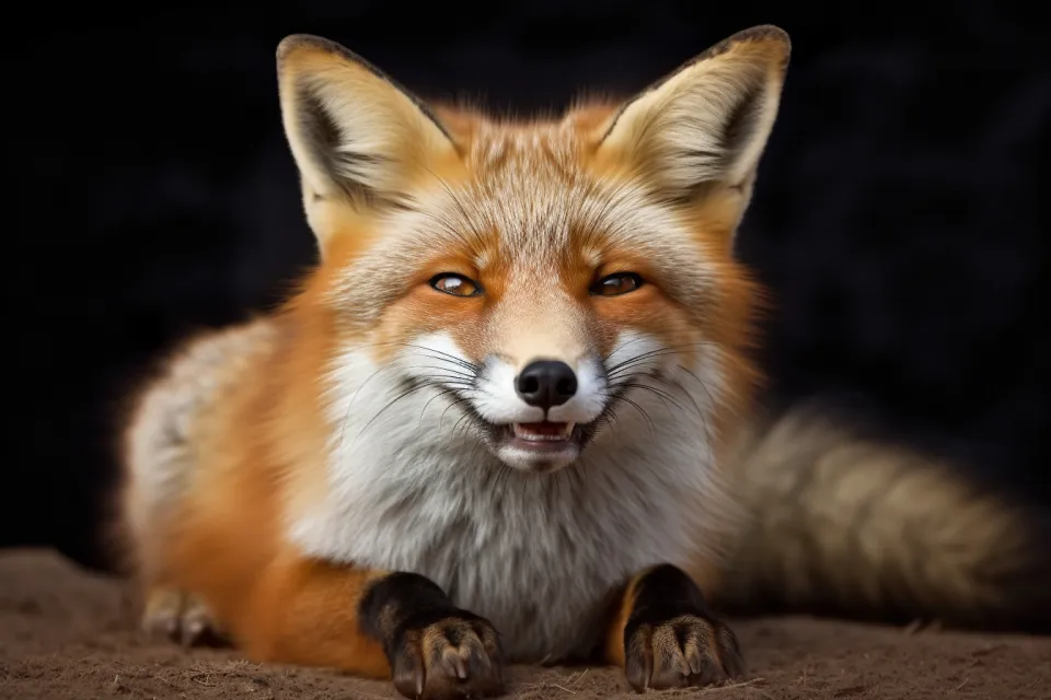 Fox with a pronounced smile against a black background