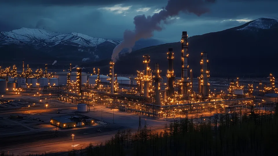 Photograph of an oil refinery at night with mountainous terrain in the background