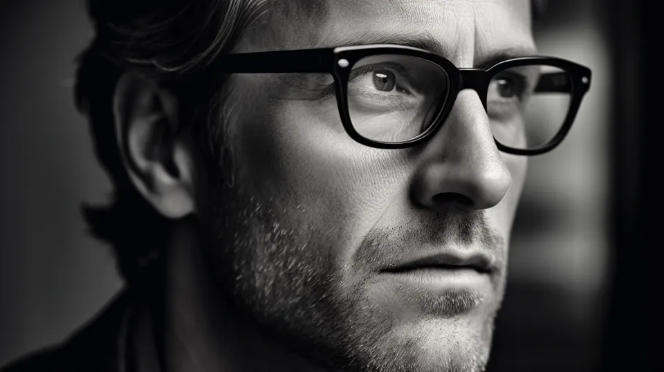 Retrato en blanco y negro de un hombre con gafas y una mirada expresiva
