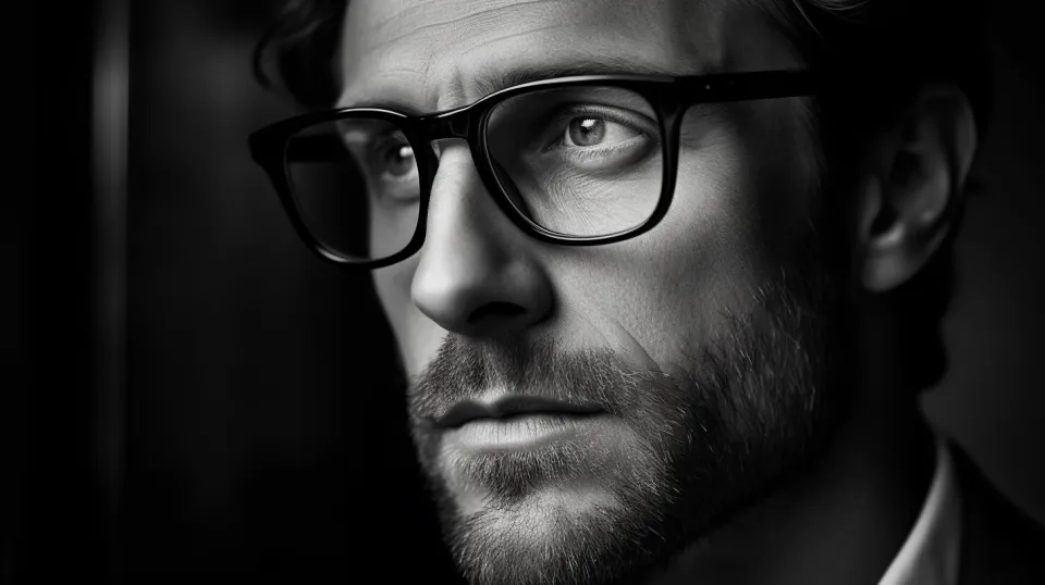 Primer plano de un hombre con rasgos faciales marcados y gafas en estilo blanco y negro