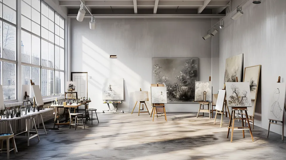 Interior of the workshop with canvases and art supplies