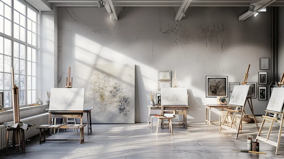 Estudio para artistas con varios caballetes y pinturas