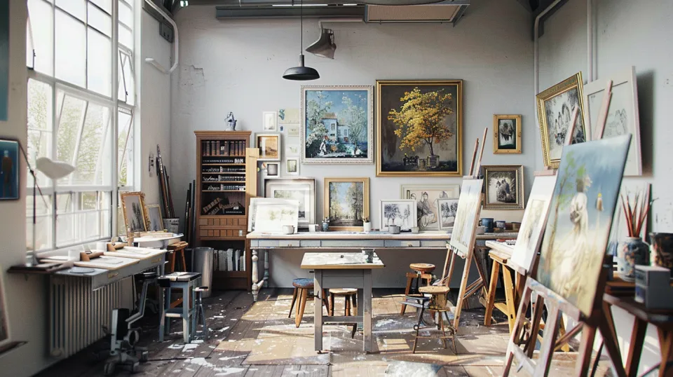 Interior de un taller artístico con pinturas y un par de mesas