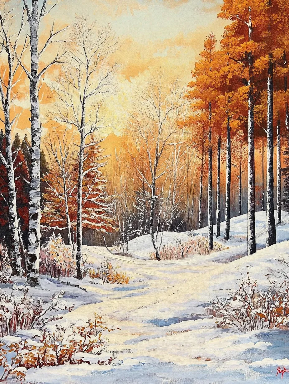 Beautiful winter forest adorned with autumn leaves and snow