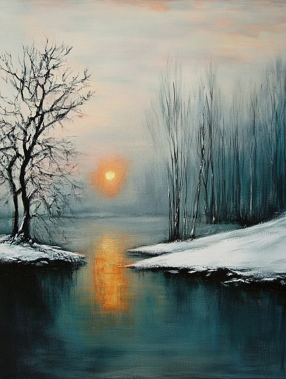 Noche de invierno junto al río con árboles y el sol poniente