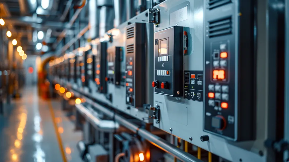 Control panels with buttons and indicators in the factory