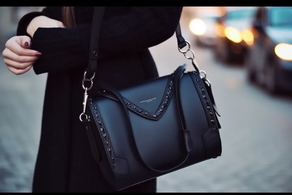 Bolsa negra de mujer con correa de cuero, que sostiene con gracia en la mano