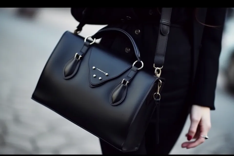 Bolso femenino negro de cuero sintético con correa larga