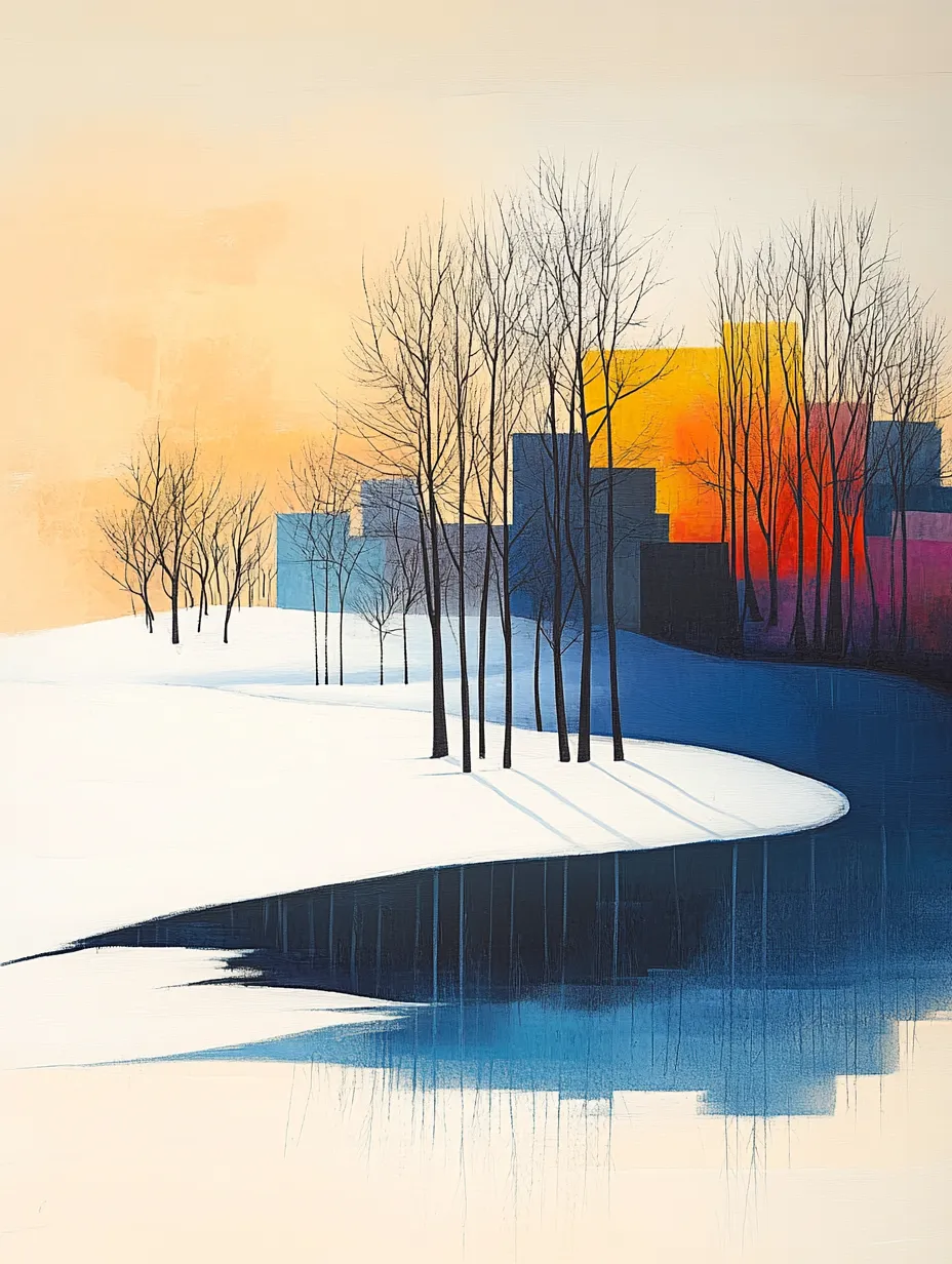 Beautiful winter landscape with the reflection of the city in the water