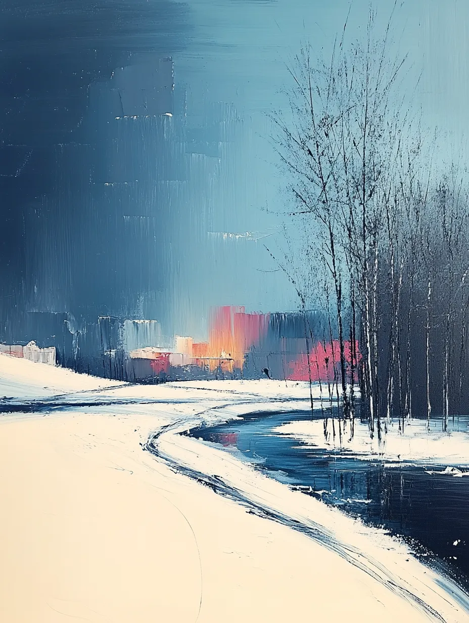 Winter Landscape with River, Old Trees and a City in the Background