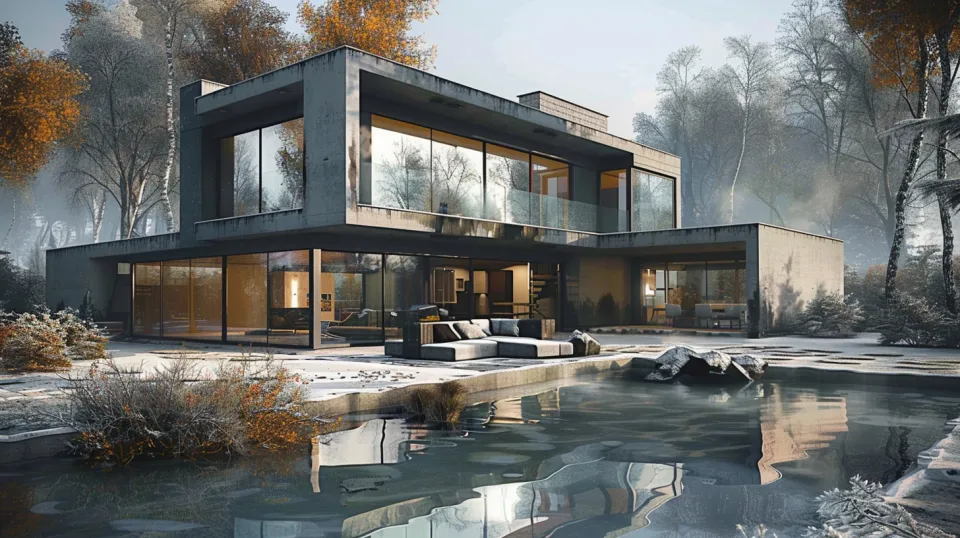 Stylish Country House with Panoramic Windows and Water Feature