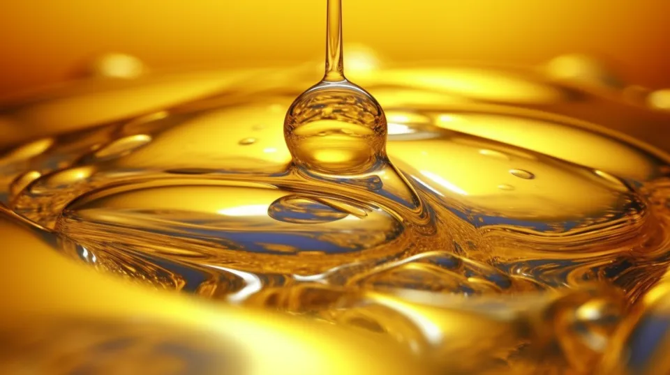 Primer plano de una gota de aceite que refleja la luz sobre una superficie amarilla