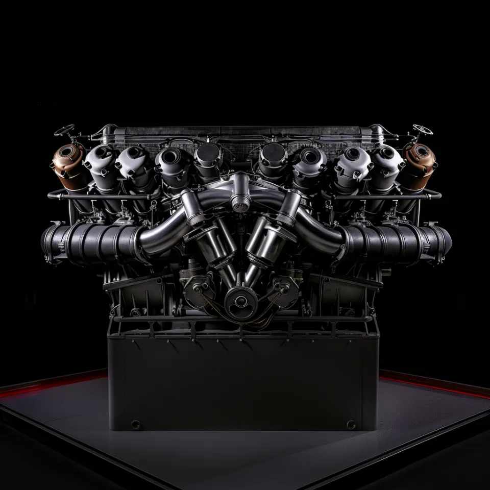 Detailed view of a modern automotive engine in a dark setting