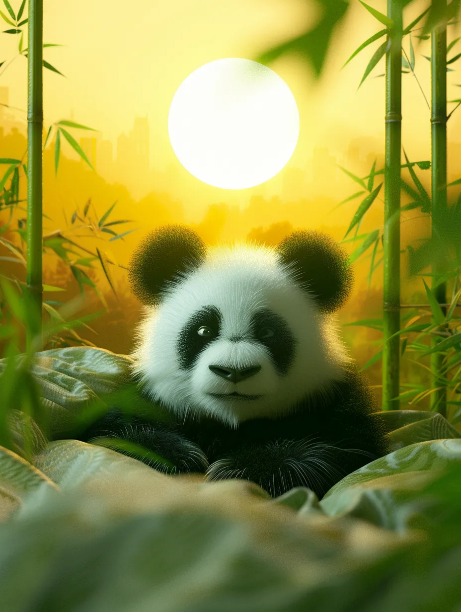 Cute image of a panda surrounded by bamboo in the backdrop of a sunrise