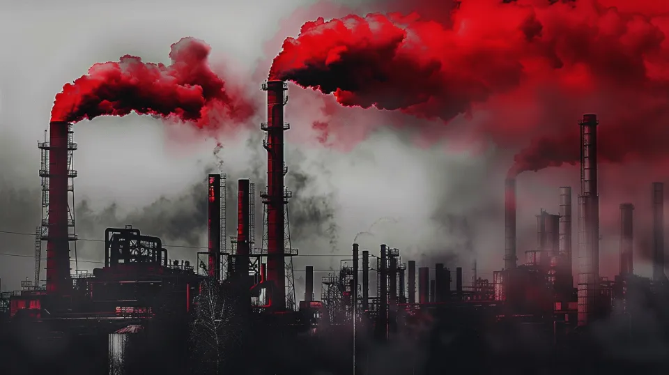 Intenso humo rojo emitido por las chimeneas de instalaciones industriales