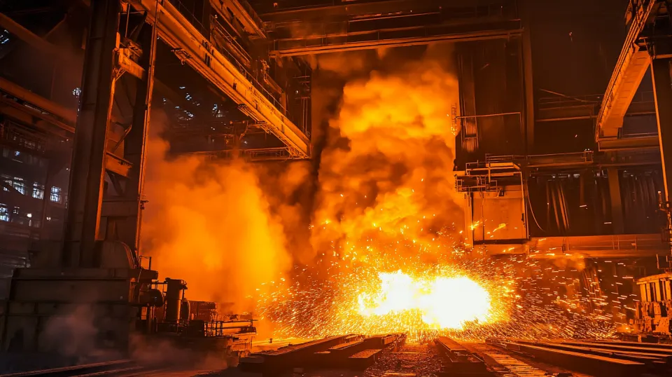 Metal smelting process at a factory with bright flashes and smoke
