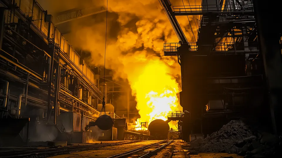 Industrial scene with fire, smoke, and metal structures
