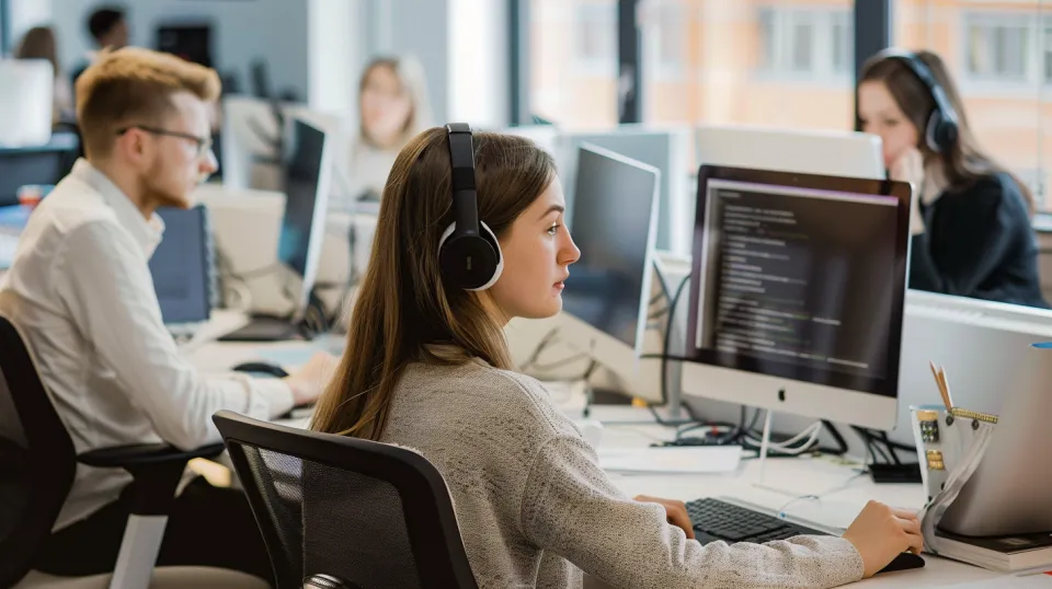 Employees working at computers in a modern design office