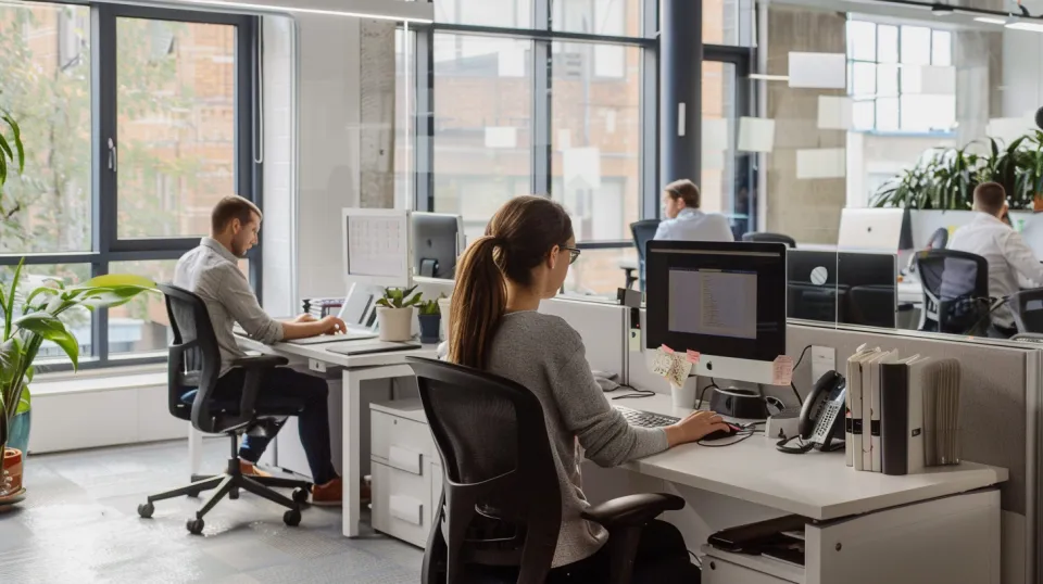 Two employees working in a modern office with large windows