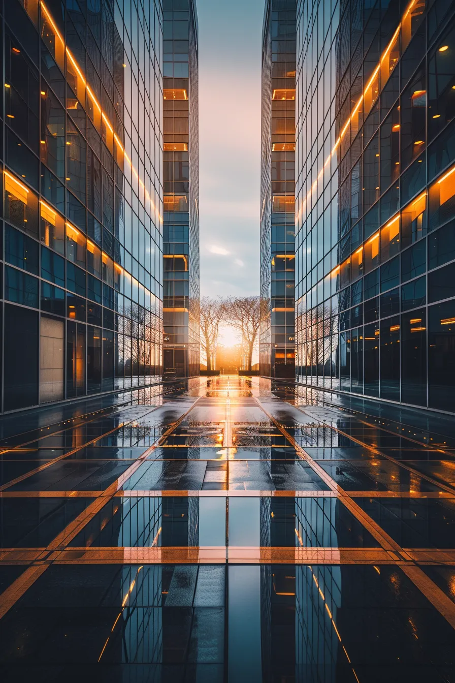Fachada sur de modernos edificios de vidrio al atardecer