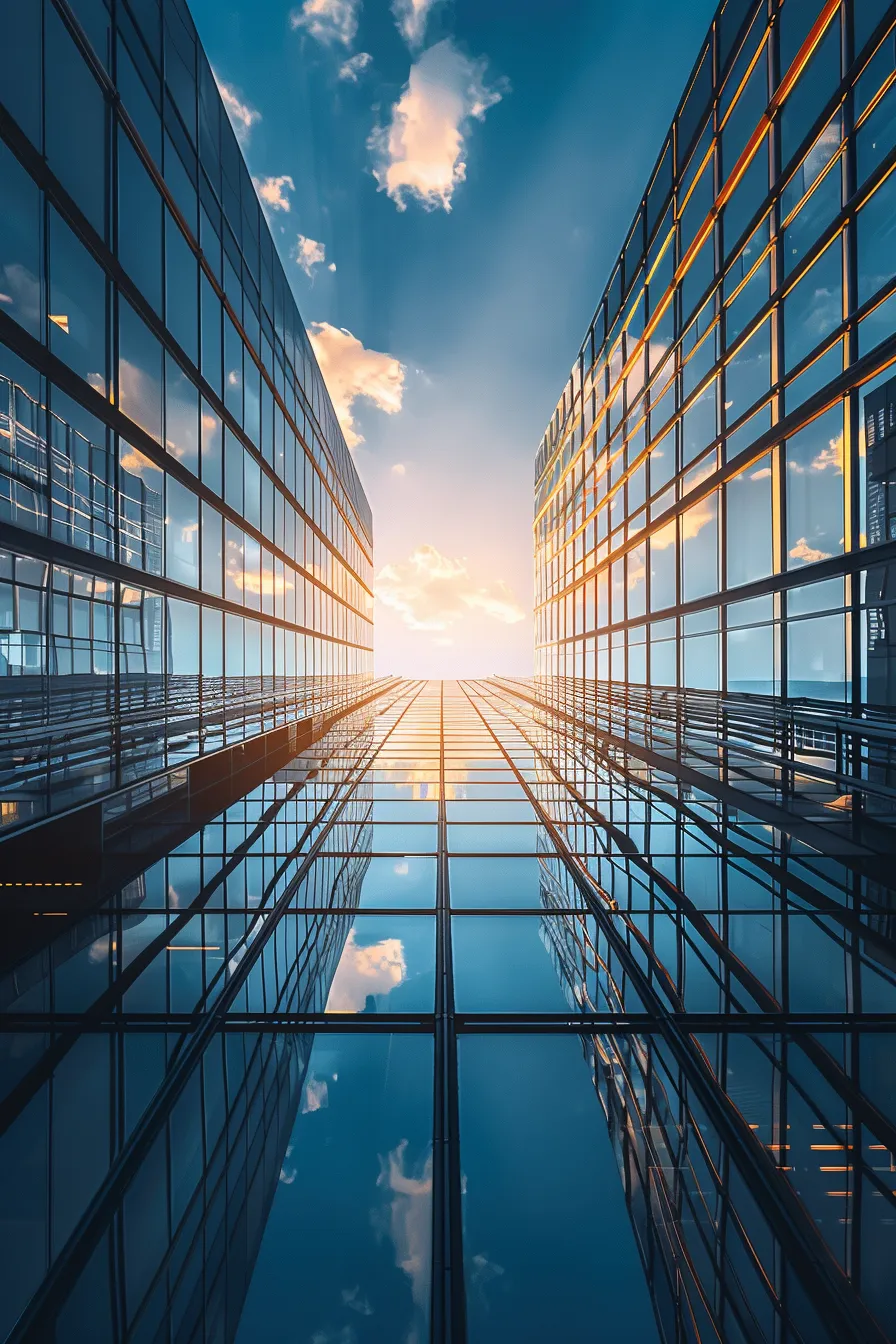 Huge glass buildings reflecting light and clouds
