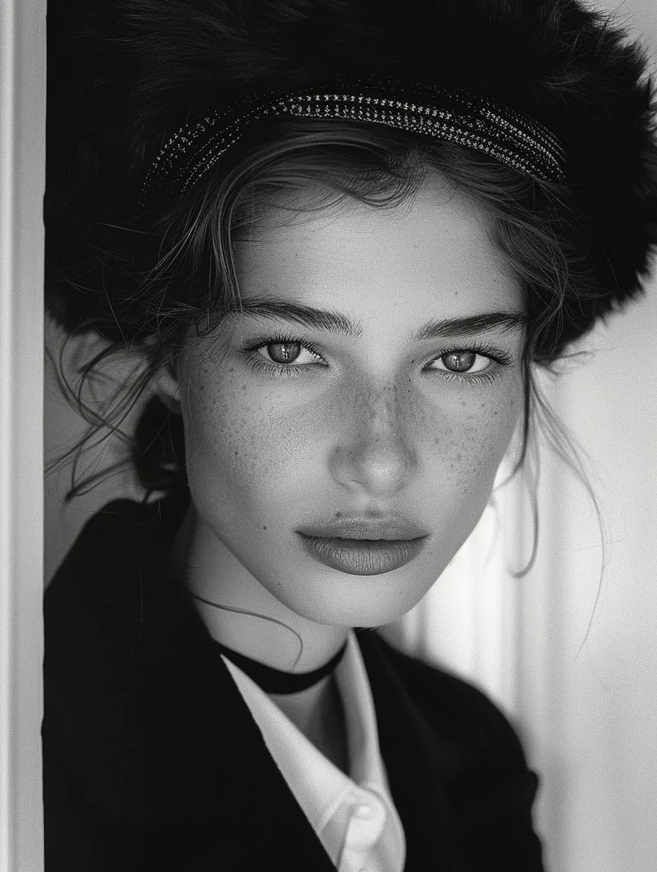Retrato en blanco y negro de una chica con pecas y sombrero