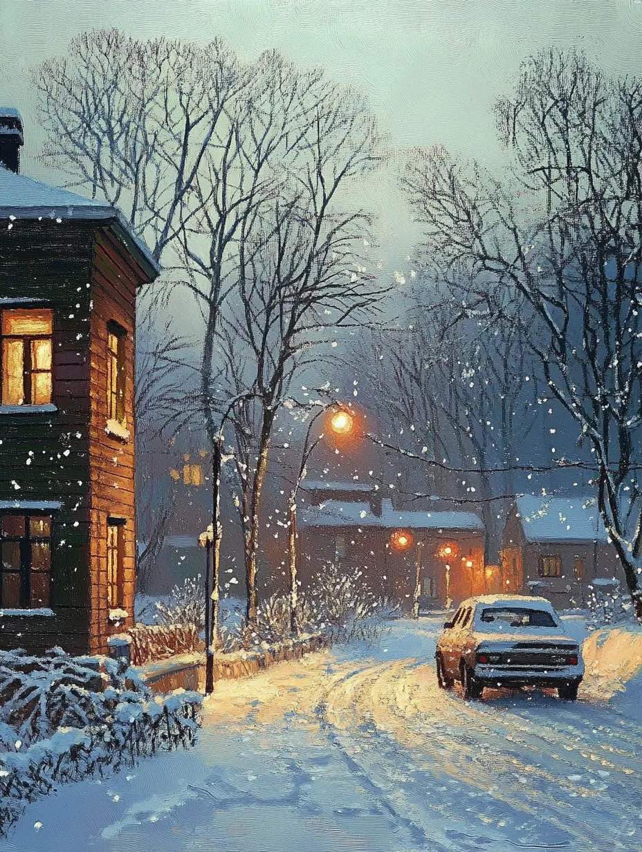 Winter landscape with houses and a snowy road against the backdrop of an evening sky