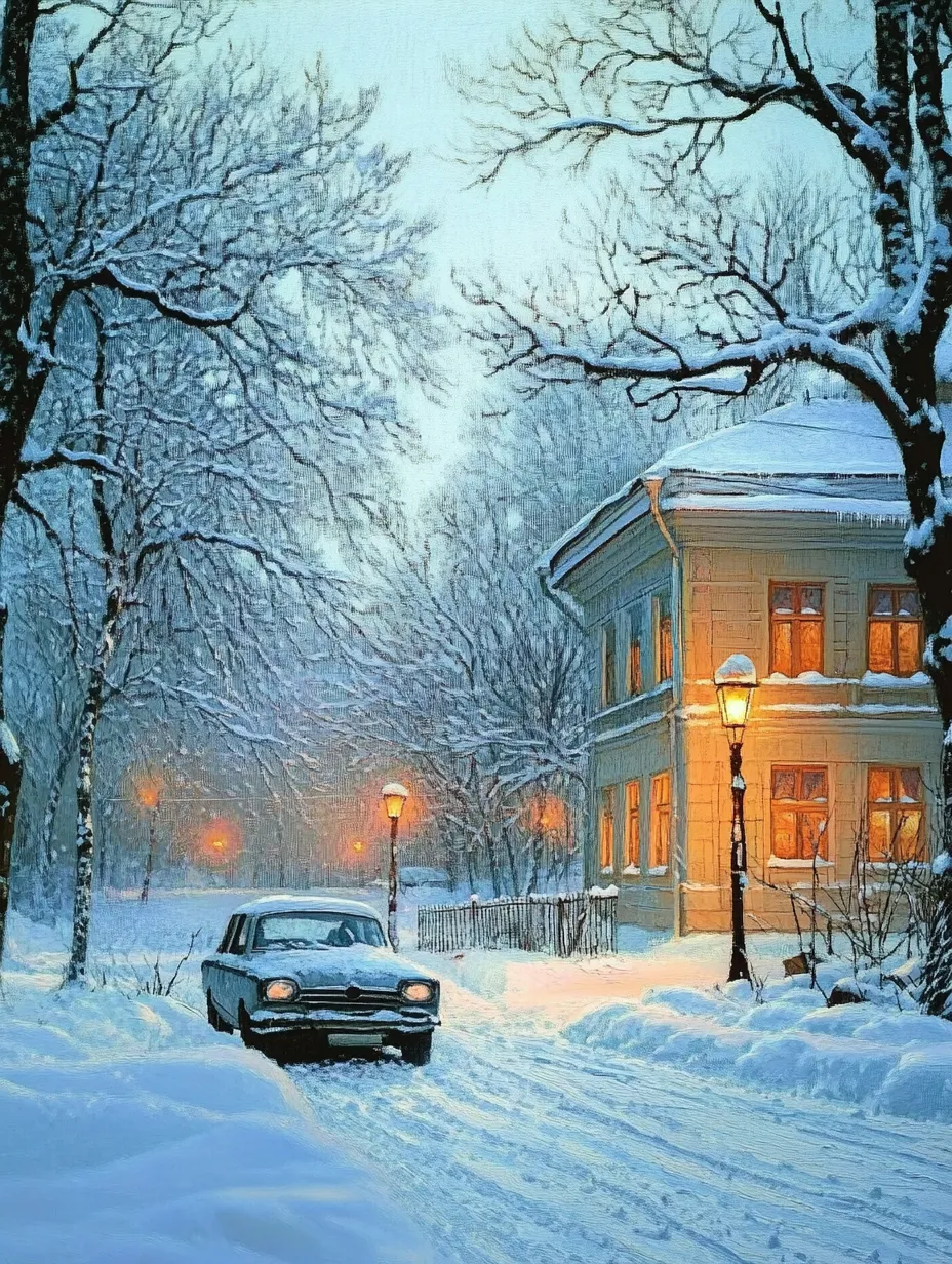 Snowy Urban Landscape with Houses and a Car on a Winter Evening