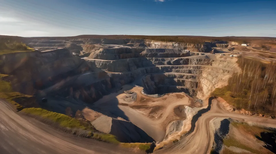 View of a vast open pit mine with numerous terraces and excavations