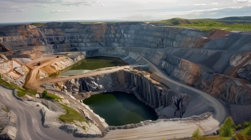 Panoramic View of the Quarry with Water Bodies and Rocky Walls