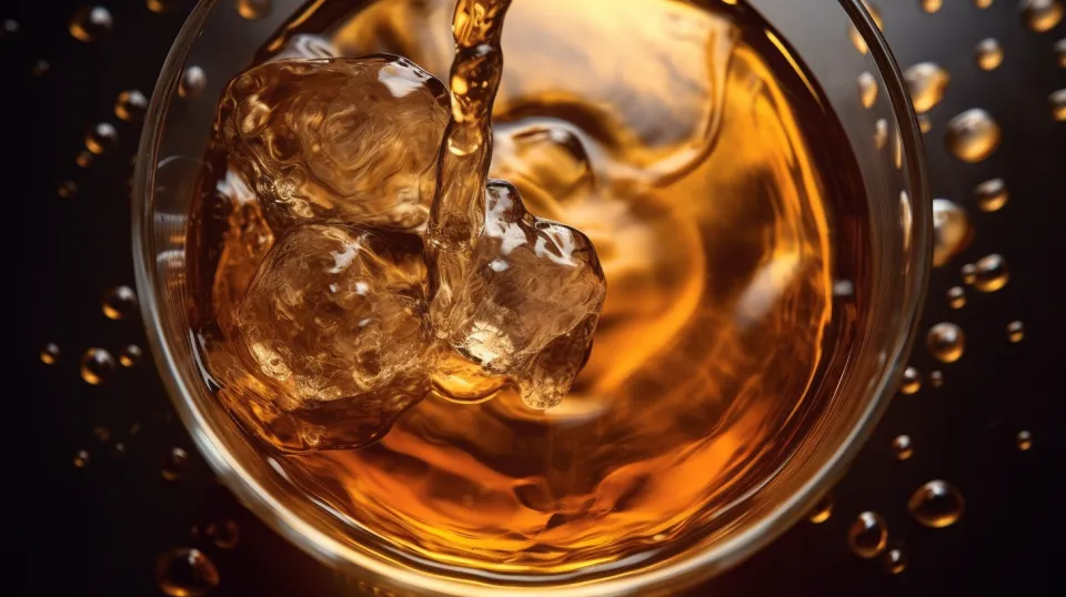 Primer plano de un vaso con una bebida dorada y grandes cubos de hielo
