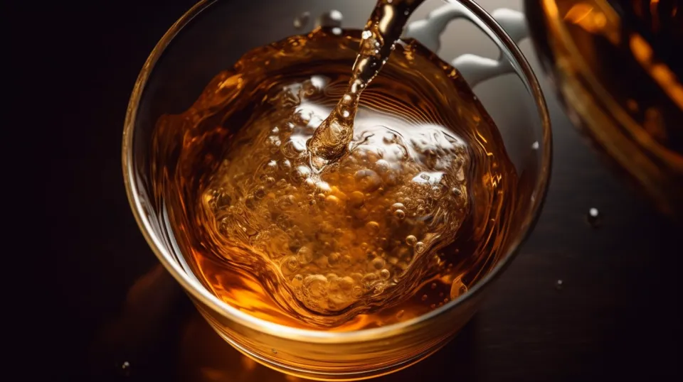 Primer plano de un vaso con bebida carbonatada, burbujas y reflejos